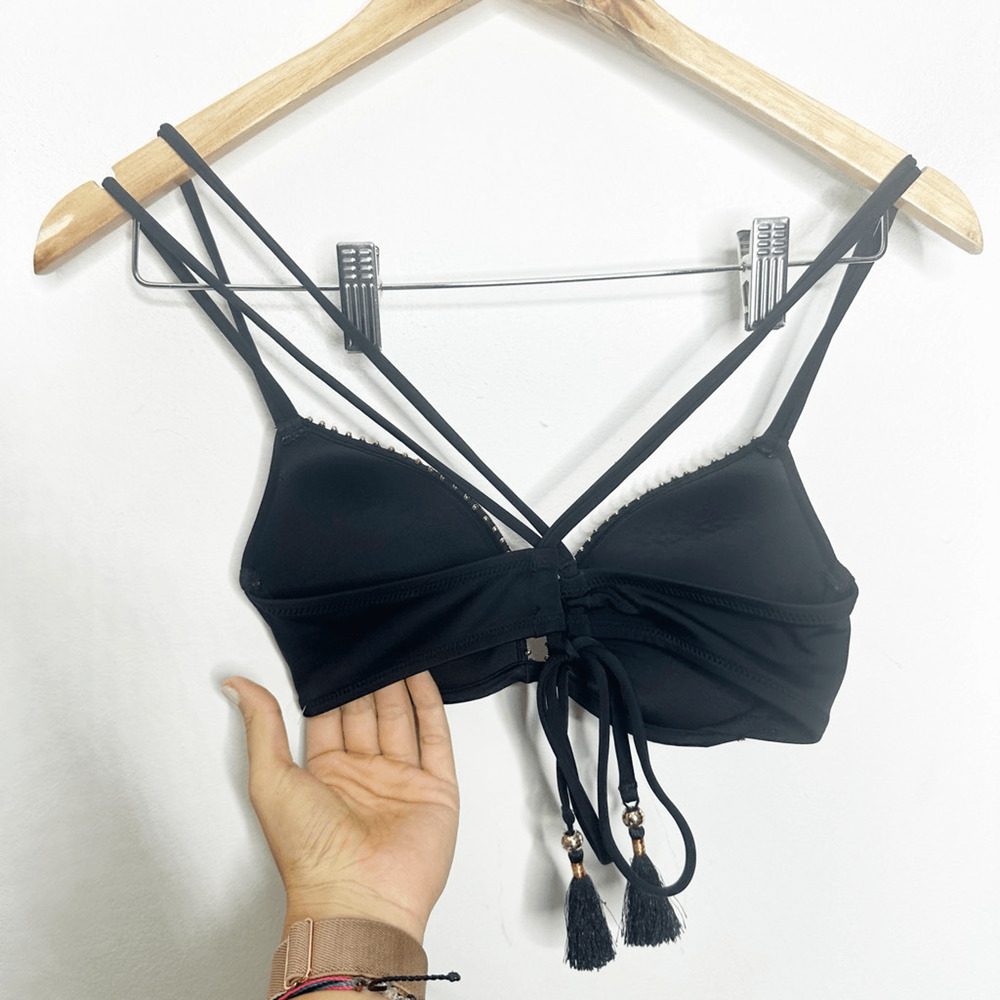 Y2K 00s VICTORIA'S SECRET THE GORGEOUS Push Up Bikini Tassel Black Underwire 34B - Picture 4 of 6